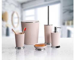 Primanova | Nely | Beige badkamer set | Zeepdispenser | Zeepbakje| Tandenborstelhouder| Prullenbak met deksel | Wc borstel