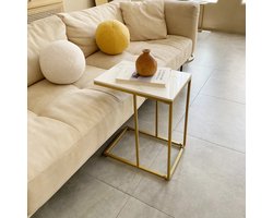Primaro Bijzettafel - Banktafel - Wit Marmer met goud - Bijzettafel - Salontafel voor Bank – 45x30x54,6 cm