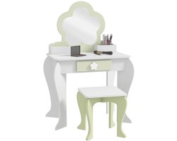 Primaro Kaptafel - Kinder Make up Tafel - met Spiegel en Kruk - 55x34x87,5 cm – Wit en Groen