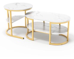 Prime Home Salontafels - Eettafels - Banktafels - Woonkamer tafels - Ronde en ovale tafel - 80 x 46 x 41cm en 52 x 51cm - Wit met goud marmer