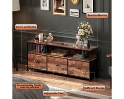 Prime Home TV-meubel - TV kast - Kast - led verlichting - 3 Stoffen Lades - Open Planken - LED‑Verlichting - Industrieel Dressoir - Metaal - E1‑Spaanplaat - 108 × 30 × 57cm - Tijgerhuid Design
