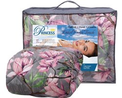 Princess Eazy Wasbaar - Bedrukt dekbed - 2-in-1 Zonder Overtrek - Eenpersoons -140x200 cm - Grijs met Roze Bloemen - Inclusief Kussensloop - Zacht, Warm en Luxe - Magnolia Print