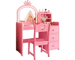 Princess Kinder Kaptafelset - Voor Meisjeskamer - Kaptafel met Stoel, Verlichte Drievoudig Opklapbare Spiegel & 3 Laden - Met Opbergplanken - Roze