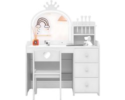 Princess Kinder Kaptafelset - Voor Meisjeskamer - Kaptafel met Stoel, Verlichte Drievoudig Opklapbare Spiegel & 3 Laden - Met Opbergplanken - Wit