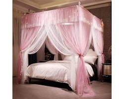 Prinsessen Hemelbed met Ruches - Vierkant Klamboe met 4 Openingen - Dubbel Laags Muskietennet - Romantisch en Zacht - Perfect voor Meisjeskamer (Roze/Wit, 150x200x210 cm)