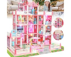 Prinsessen Villa Poppenhuis - Prinsessenkasteel - Barbie Huis-Speelgoed Kasteel - 4 Verdiepingen - 11 Kamers - Complete Meubelset - 4 Poppen - DIY Bouwset - Vanaf 6 Jaar-Cadeau voor Kinderen