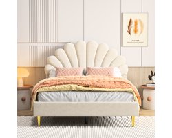 Prinsessenbed 140x200 cm – Fluwelen Bed met Schelp Hoofdbord, Gouden Metalen Poten & Lattenbodem