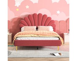 Prinsessenbed 140x200 cm – Fluwelen Bed met Schelp Hoofdbord, Gouden Metalen Poten & Lattenbodem