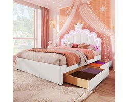 Prinsessenbed 140x200 cm - PU/MDF - Wit/Roze - Verstelbaar Hoofdeinde - 2 Opberglades - 16 Kleuren LED-verlichting - Magisch Kroonontwerp