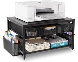 Printer- en monitorstandaard - metalen bureau-organizer met lade, 2 pennenhouders en opbergvak - belastbaar tot 20 kg, compact 48,5x25,5x15 cm - geschikt voor printer, scanner, laptop en monitor, ideaal voor thuiskantoor