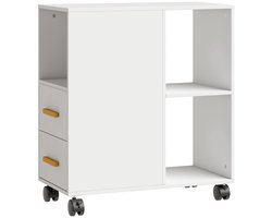 Printerkast 60x30x65cm Wit Spaanplaat printertafel printerkast met verstelbare planken 2 lades en 3 open opbergvakken met 4 wielen verrijdbaar opbergrek geschikt voor kantoor studeerkamer en studio