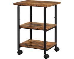 Printertafel – Met 3 niveaus en wielen - Printertafel met wielen, 3-laags printerstandaard, verstelbaar tafelblad, opbergplank voor zwaar gebruik, industriële kantoorstudie vintage bruin/zwart