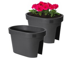 Pro Garden Balkon plantenpot/bloempot - 2x - antraciet - 40 x 25 cm - ovaal - kunststof - Reling/schutting/hangende bloempotten