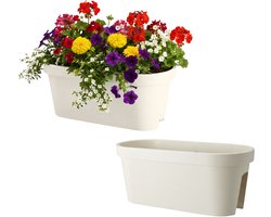 Pro Garden Balkon plantenpot/bloempot - 2x - crèmewit - 60 x 25 cm - ovaal - kunststof - Reling/schutting/hangende bloempotten