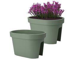 Pro Garden Balkon plantenpot/bloempot - 2x - groen - 40 x 25 cm - ovaal - kunststof - Reling/schutting/hangende bloempotten