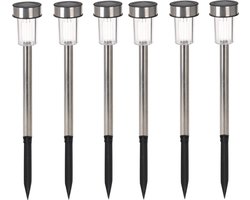 Pro Garden buitenlampen/tuinlampen - 6x - RVS koel wit - solar verlichting - 36 cm - prik spotjes