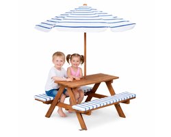 Pro Garden Picknicktafel voor kinderen - blauw/wit - 75 x 75 cm - hout/polyester - incl parasol - incl 2 kussens - tuinset