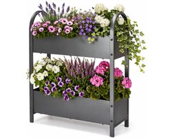 Pro Garden plantenrek / plantenbak - metaal - donkergrijs - 75 x 60 x 22 cm - 2 laags - bloembak