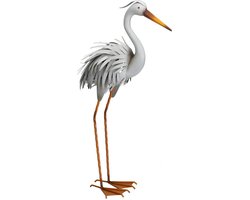 Pro Garden tuin decoratie dier / vogel beeld - Metaal - Reiger - 78 cm - buiten - lichtgrijs