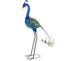 Pro garden Tuin/huis deco dieren/vogel beeld - Metaal - Pauw - 12 x 80 cm - buiten/binnen - blauw