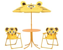 Pro Garden Tuinset Tijger - geel - polyester - verstelbare parasol - kinder tuinset - voor kinderen - dierenprint