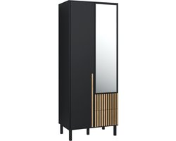 Pro-meubels - Kledingkast Alvin 2 - Zwart mat - Eiken - 81cm - met spiegel - Garderobekast - Kast - Slaapkamer - Opbergkast