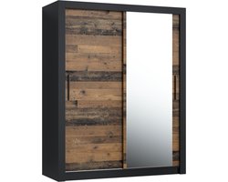 Pro-meubels - Kledingkast Miami - 160cm - ZWART MAT - OLD WOOD - Met spiegel - Garderobekast - Slaapkamer - Schuifdeur