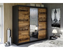 Pro-meubels - Kledingkast Montreal - 205cm - Zwart mat - Old wood - Met spiegel - Garderobekast - Slaapkamer - Schuifdeur