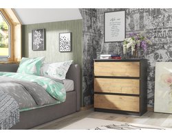 Pro-meubels - Ladekast Norton - Antraciet - Eiken - 70cm - 3 lades - Opbergkast - Commode