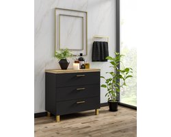 Pro-meubels - Ladekast Novara - Zwart mat - Eiken - 60cm - Opbergkast - 3 lades - Commode