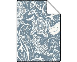 Proefstaal ESTAhome behang bloemen en vogels in art nouveau stijl vergrijsd blauw - 26,5 x 21 cm - 139477-S