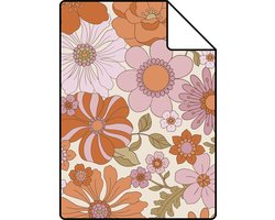 Proefstaal ESTAhome behang retro bloemen paars en oranje - 26,5 x 21 cm - 130961-S