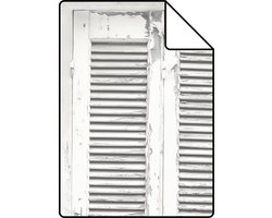 Proefstaal ESTAhome behang verweerde houten Franse vintage louvre luiken licht warm grijs en mat wit - 26,5 x 21 cm - 138882-S