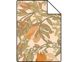 Proefstaal ESTAhome behang vintage bloemen in art nouveau stijl groen, oranje en beige - 26.5 x 21 cm - 131697-S