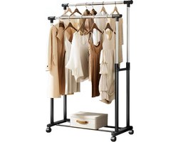 Professioneel Kledingrek - Op/Met Wielen - Zwart - 160 cm - 2 Stang(en) - Telescopische kapstok - Hoogt verstelbaar - Dubbel - Mobiel - Garderoberek - Totale draagkracht 30kg - Hoogwaardige Kwaliteit