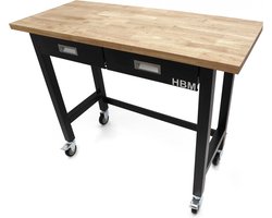 Professionele 122 cm Verrijdbare Werkbank Met 2 Laden en Massief Houten Werkblad
