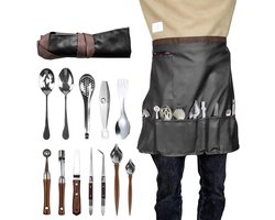 Professionele chef-kok plating kit met schort, 13-delige culinaire plating set, roestvrij stalen plating tool voor restaurantbeplating, thuis koken en catering evenement (zwart)