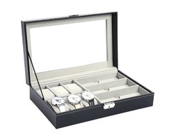 Professionele Horloge Doos – Ook geschikt voor brillen - Brillen Doos - Opbergdoos – 9 Vakken – Sieraden Doos – Kist – Fluwelen Voering – Zwart