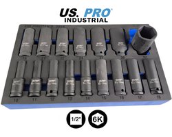 Professionele Krachtdoppenset met 16 lange 1/2" krachtdoppen 10 - 11 - 12 - 13 - 14 - 15 - 16 - 17 - 18 - 19 - 21 - 22 - 24 - 27 - 30 en 32 mm (16-delig)