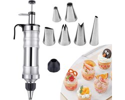 Professionele Roestvrijstalen Garneerspuit - Met 6 Spatsmondjes en 1 Deksel - Bakspuit Set - Cake Decorator Set - Garneerspuit - Compleet Bakaccessoire - Herbruikbaar - Taartdecoratie - RVS - Zwart