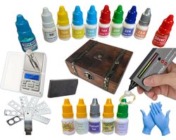 Professionele Set Toetswater Goud & Zilver SET + 9 K TEST & 23,8K TEST & Nickel & kleuren goud + Toetssteen Weegschaal - Glas - Kistje - Diamant tester - Meetinstrument - Koningswater Goud tester