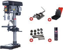 Professionele tafelboormachine boren tot ø 20 mm MK2 600W 230V + boorklem set spanbouten set boren 1-13 mm spuitbus Torros DT20M PACK