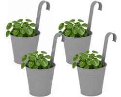 Progarden Bloempotje met haak - 4x - plantenbak zink met ophanghaak - grijs - 20 x 13 x 26 cm - ophangbaar - Balkon/schutting plantenpot