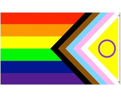 Progress Pride Vlag, Regenboogvlag, LGBTQ+ Vlag, 150 x 90 cm, Weerbestendig, Inclusieve Vlag voor Buitengebruik met 2 Messing Ogen