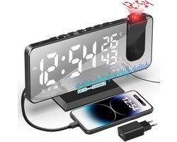 Projection Alarm Clock, Digital Alarm Clock with FM Radio, 7 Inch LED Mirror Screen, Dual Alarm with USB Port, 4 Projection Brightness, 180° Flip Display and 12/24H