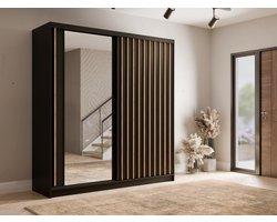 Promeubels - Kledingkast Alicante - Zwart mat -Eiken - Met spiegel - 200cm x 215cm (B x H) - Garderobekast - Slaapkamer - Schuifdeur