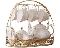 PromoHome 15-delige Witte Theeset - Keramisch Servies met Metalen Presenteerstandaard