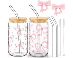 PromoHome 2-delige Set Slijpdruk Glazen Fles Bow Glazen met Roestvrijstalen Rietjes en Siliconen Doppen - 16oz Roze Glazen Set voor Ijskoffie, Smoothies en Cocktails