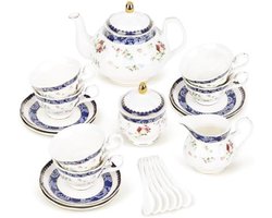 PromoHome 21-delig Theeservies Blauwe Rozen, Elegant Porselein Thee Set voor 6 Personen