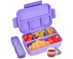 PromoHome 4-Delig Bento Lunchbox met Vakken - 1300 ml Lekdichte Broodtrommel voor Kinderen en Volwassenen - Vaatwasser- en Magnetronbestendig - Paars